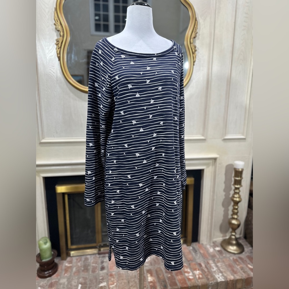 T by Talbots Navy White‎ Striped Dress XL Long Sleeve Cotton Nautical Casual
